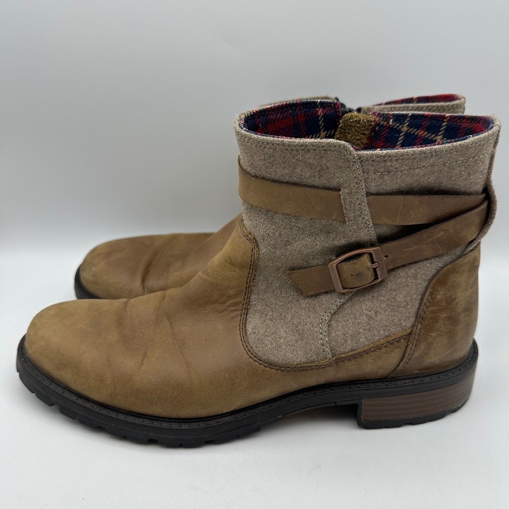 Merrell Tan Leather & Wool Ankle Boots Women's 9 Buckle Detail Plaid Lining